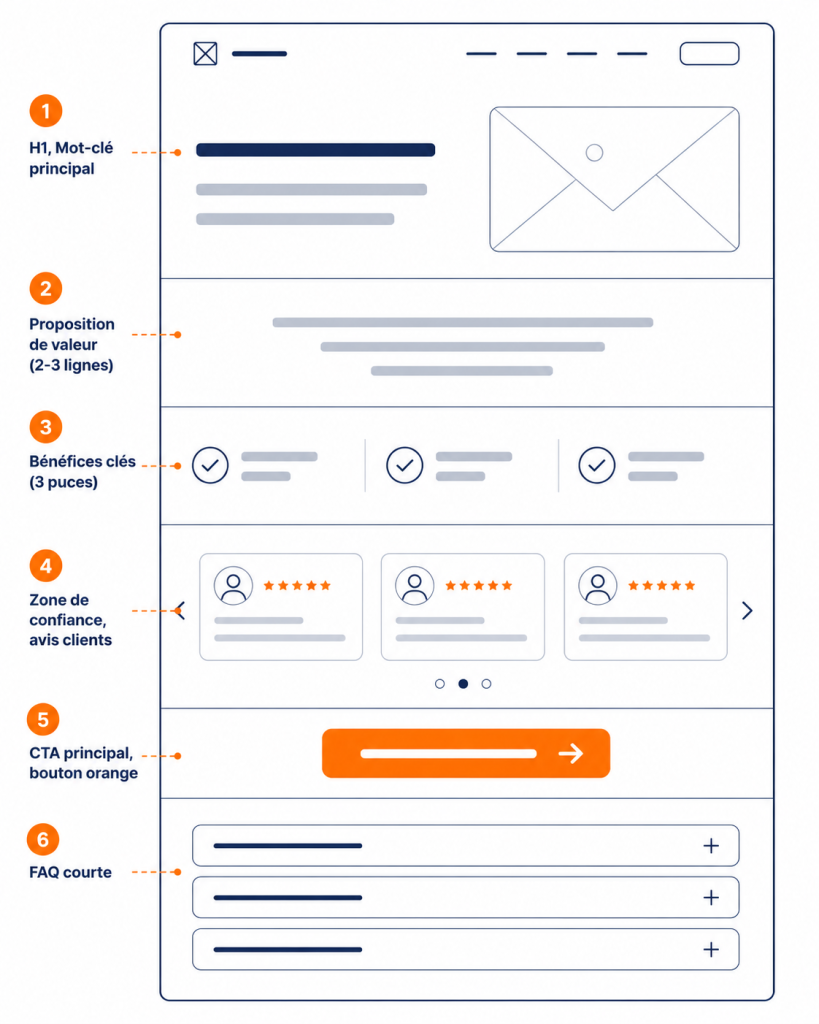 Structure type d'une landing page BOFU :
H1 : Mot-clé principal
Proposition de valeur
Bénéfices clés
Zone de confiance / avis clients
CTA principal / bouton
FAQ courte
